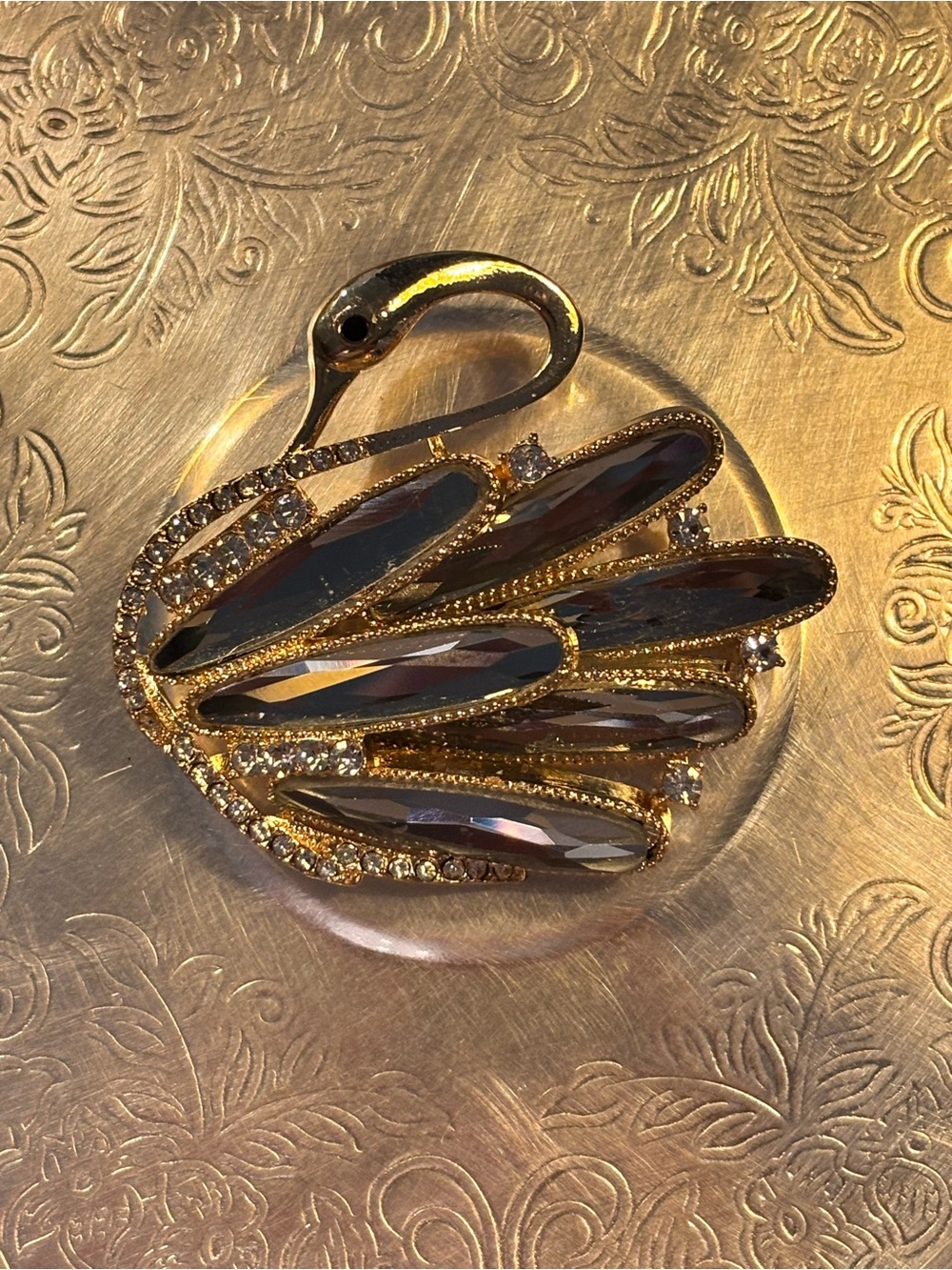 Gold Tone Swan Brooch Pin Smoky Gray Rhinestones Crystal Accent